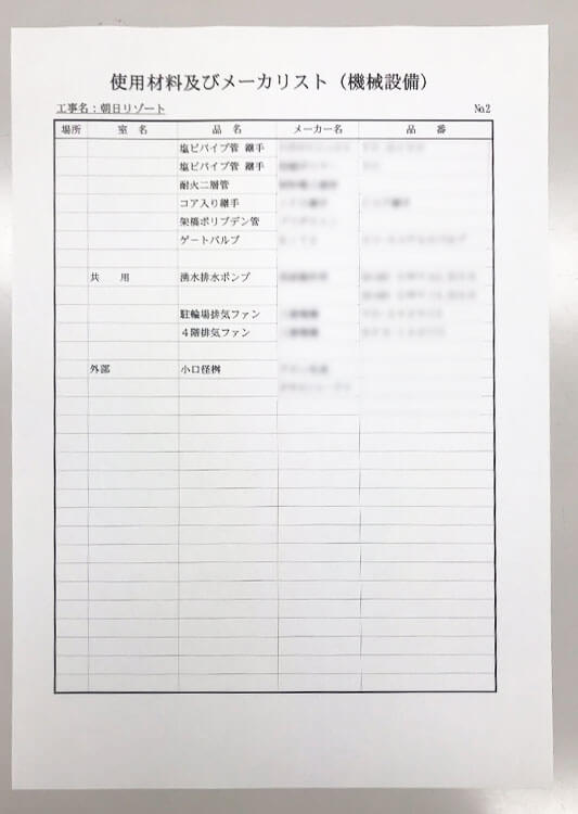 使用材料及びメーカーリスト（機械設備）